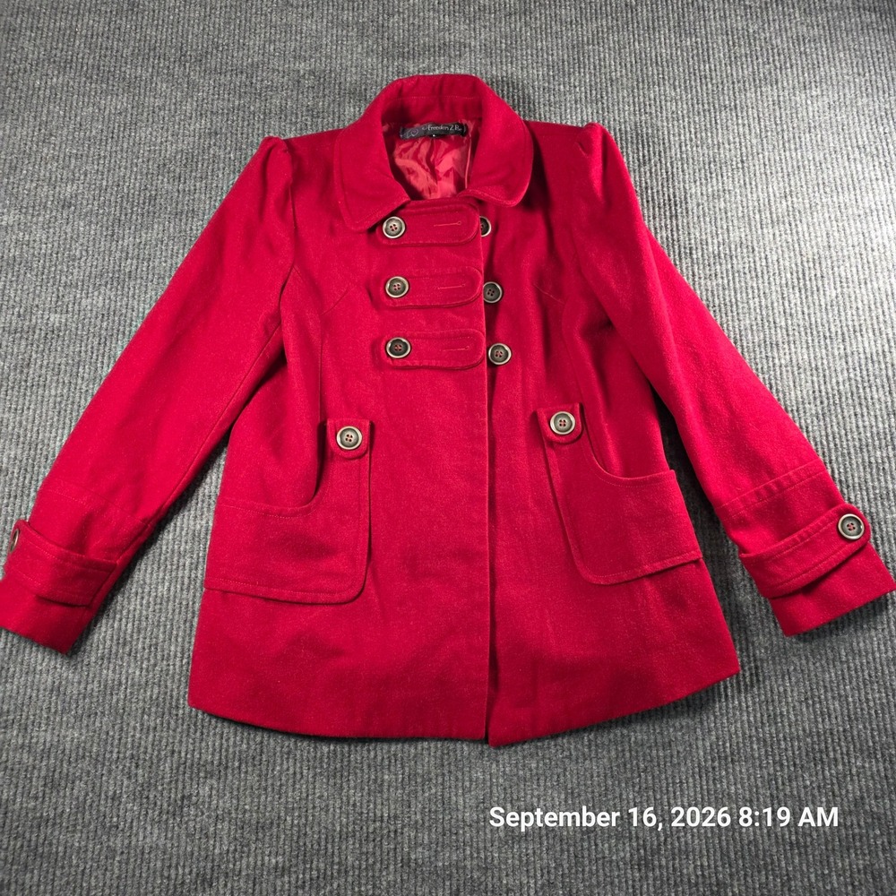 Freedom 2 Be Red Wool Blend Double Breasted Pea Coat Military Jacket Womens L